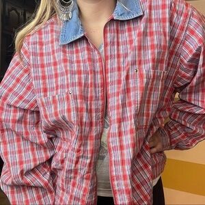 Krazy Kat Vintage 90s Denim Red Plaid Southwestern Western Rodeo Bohemian Jacket